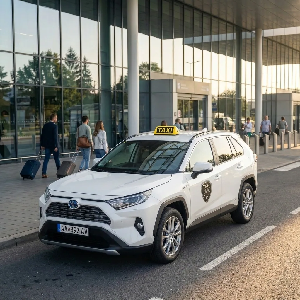Biela Toyota RAV4 taxi pri modernom termináli