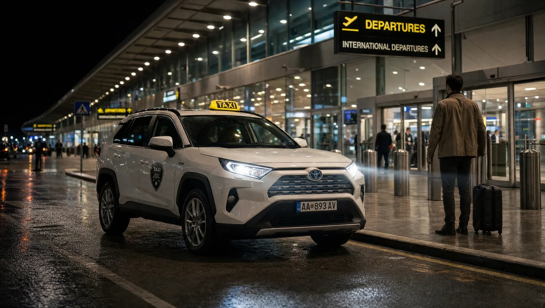 Biela Toyota RAV4 taxi v noci pred terminálom medzinárodných odletov