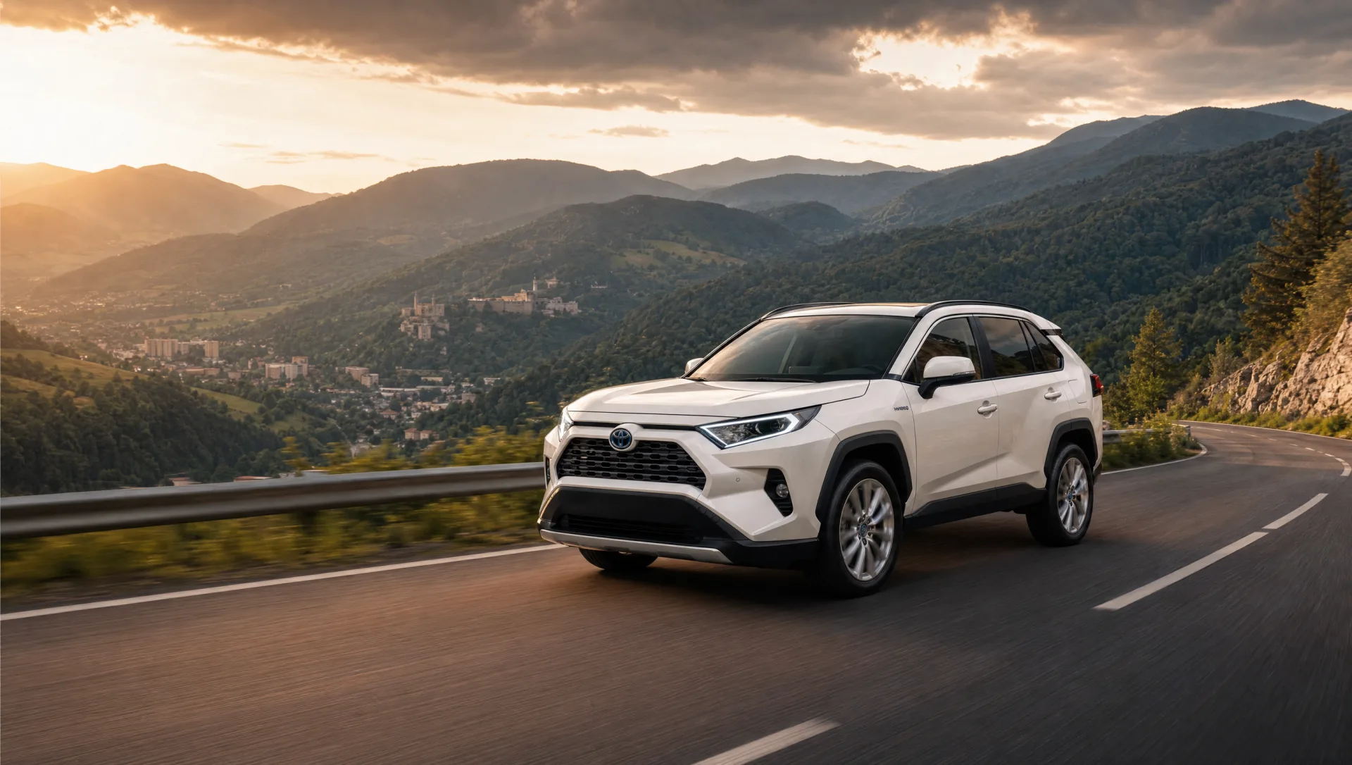 Toyota RAV4 na horskej ceste pri západe slnka